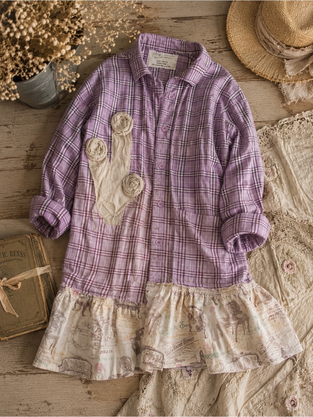Handmade OOAK Lavender Plaid Button-Up Tunic with Cream Ruffle
